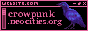 crowpunk | a button in black and hot pink with a crow to the right